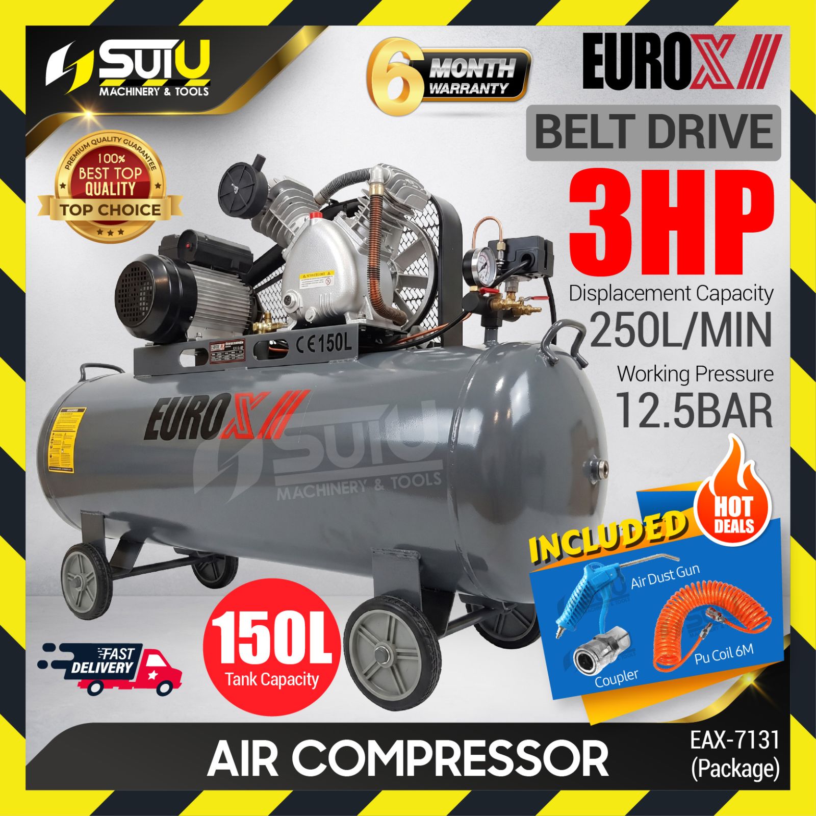 EUROX EAX7131 / EAX-7131 / EAW7131 150L 3HP 12.5BAR Belt Drive Air Compressor 1080RPM