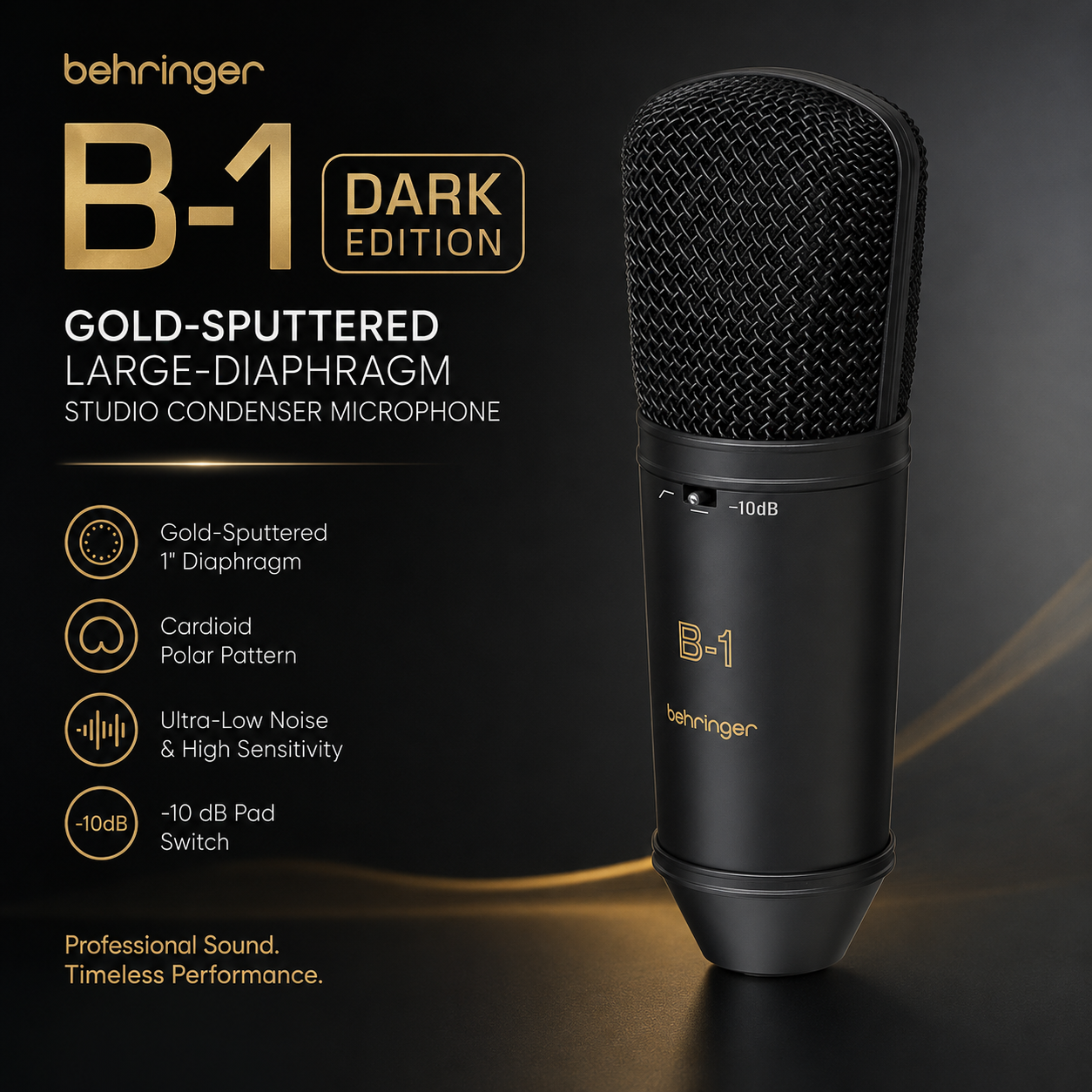 Behringer B1 Edisi Gelap – Mikrofon Kondensor Studio Diafragma Besar Bersalut Emas