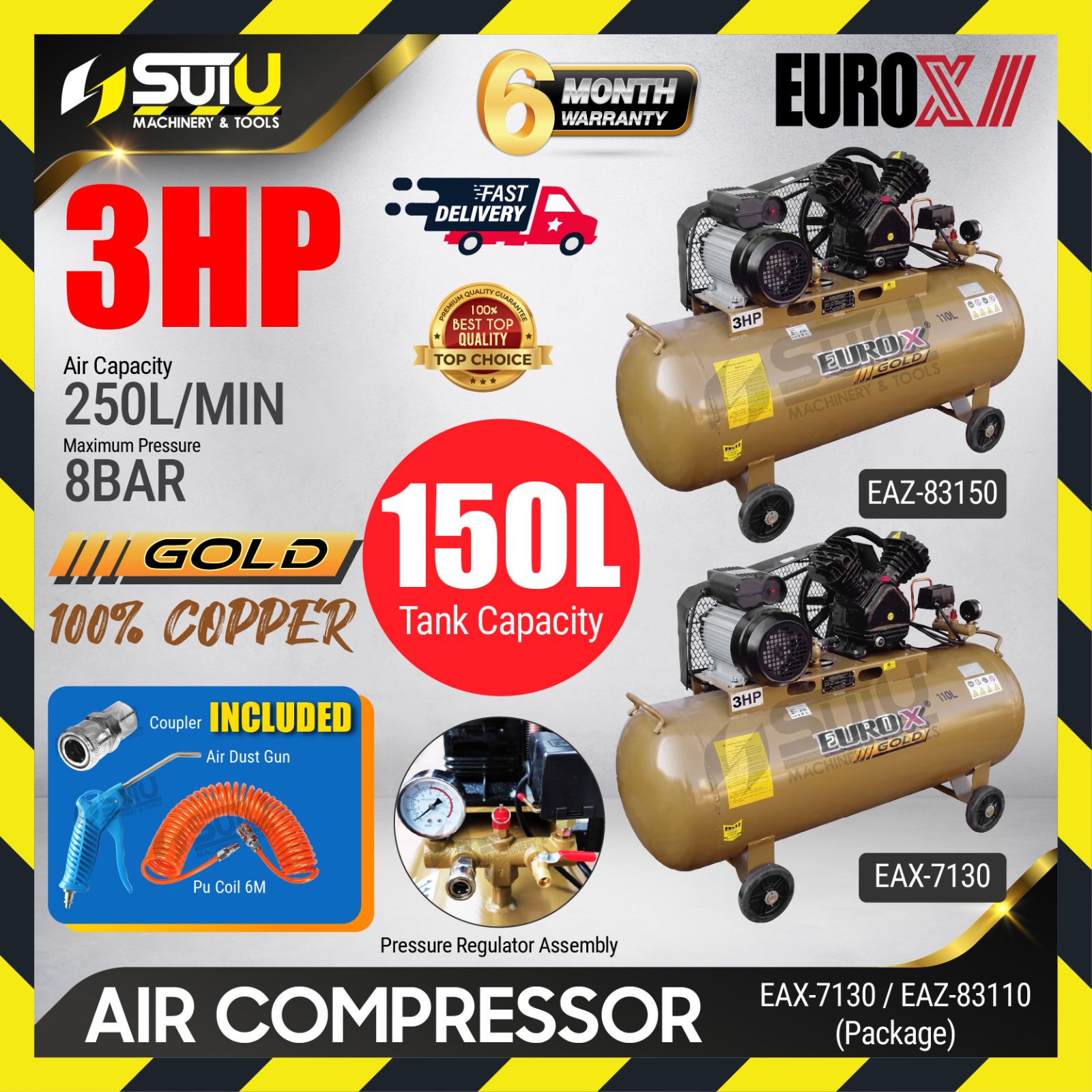 [PACKAGE]  EUROX EAX7130 / EAW7130 / EAZ83150 3HP 150L 8Bar Belt Air Compressor / Kompresor 1080RPM