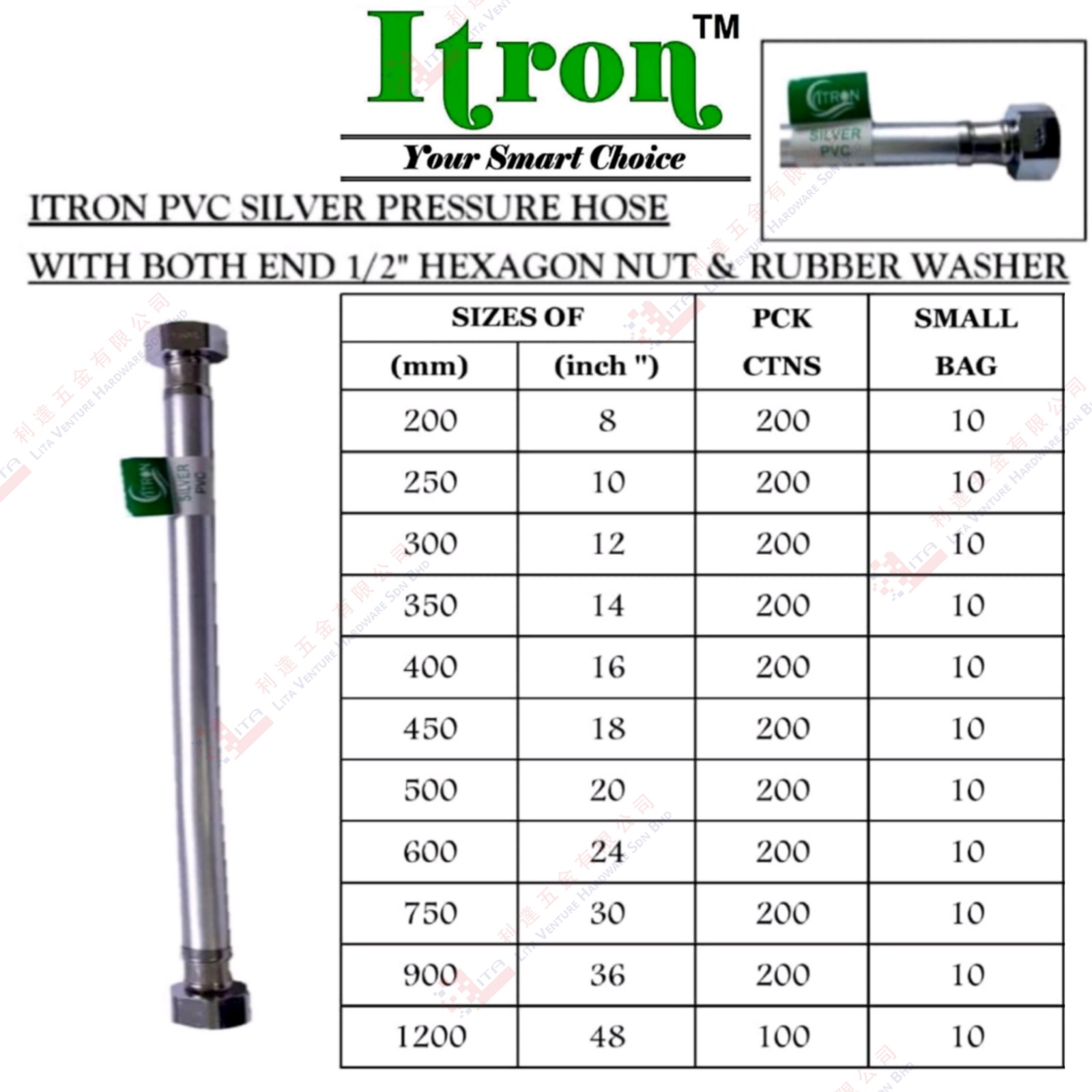 ITRON BRAND PVC  SILVER PRESSURE HOSE WITH BOTH HEXAGON NUT &  RUBBER NUT