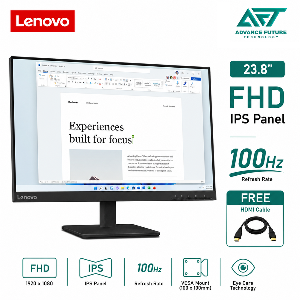 Lenovo L24-4e 68C2KAC1MY 23.8'' FHD IPS 100Hz Flat Monitor ( HDMI, VGA, 3 Years Warranty )