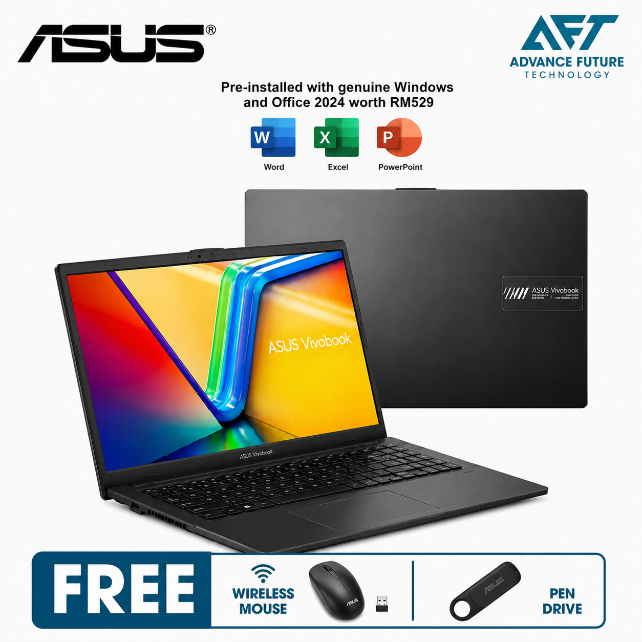 Asus VivoBook Go 15 E1504F-ABQ471WMS 15.6" FHD Laptop Mixed Black ( AMD Ryzen 5 7520U, 16GB, 512GB SSD, ATI, W11, H&S 2024&M365 )