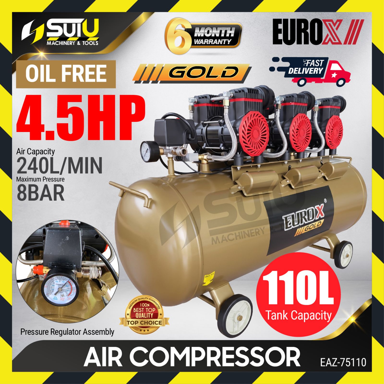 [COMPRESSOR ONLY] EUROX EAZ-75110 / EAZ75110 / EAZ 75110 4.5HP 8Bar Oil-Free / Oilless Compressor / Kompressor 2850RPM