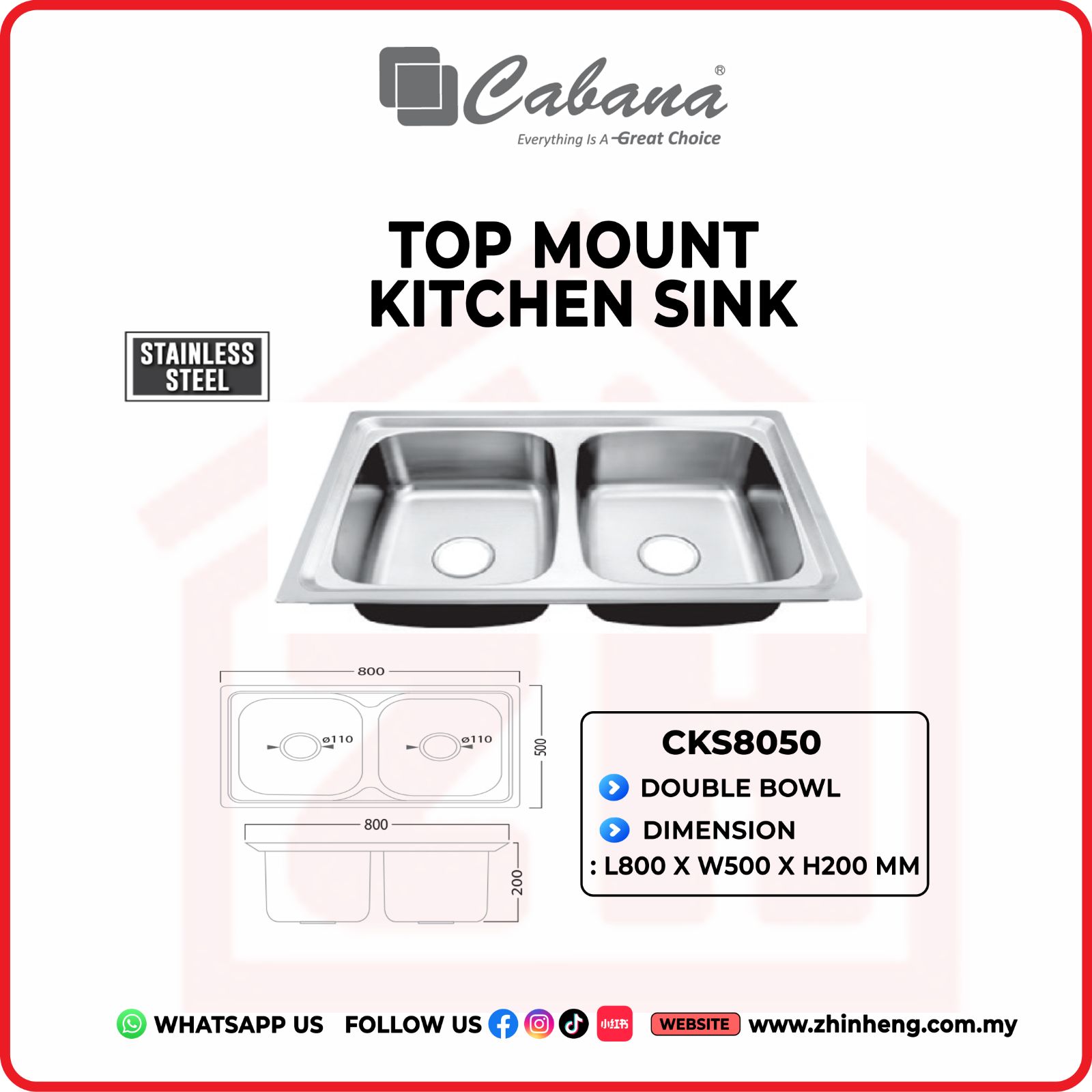 CABANA TOP MOUNT KITCHEN SINK DOUBLE BOWL CKS8050