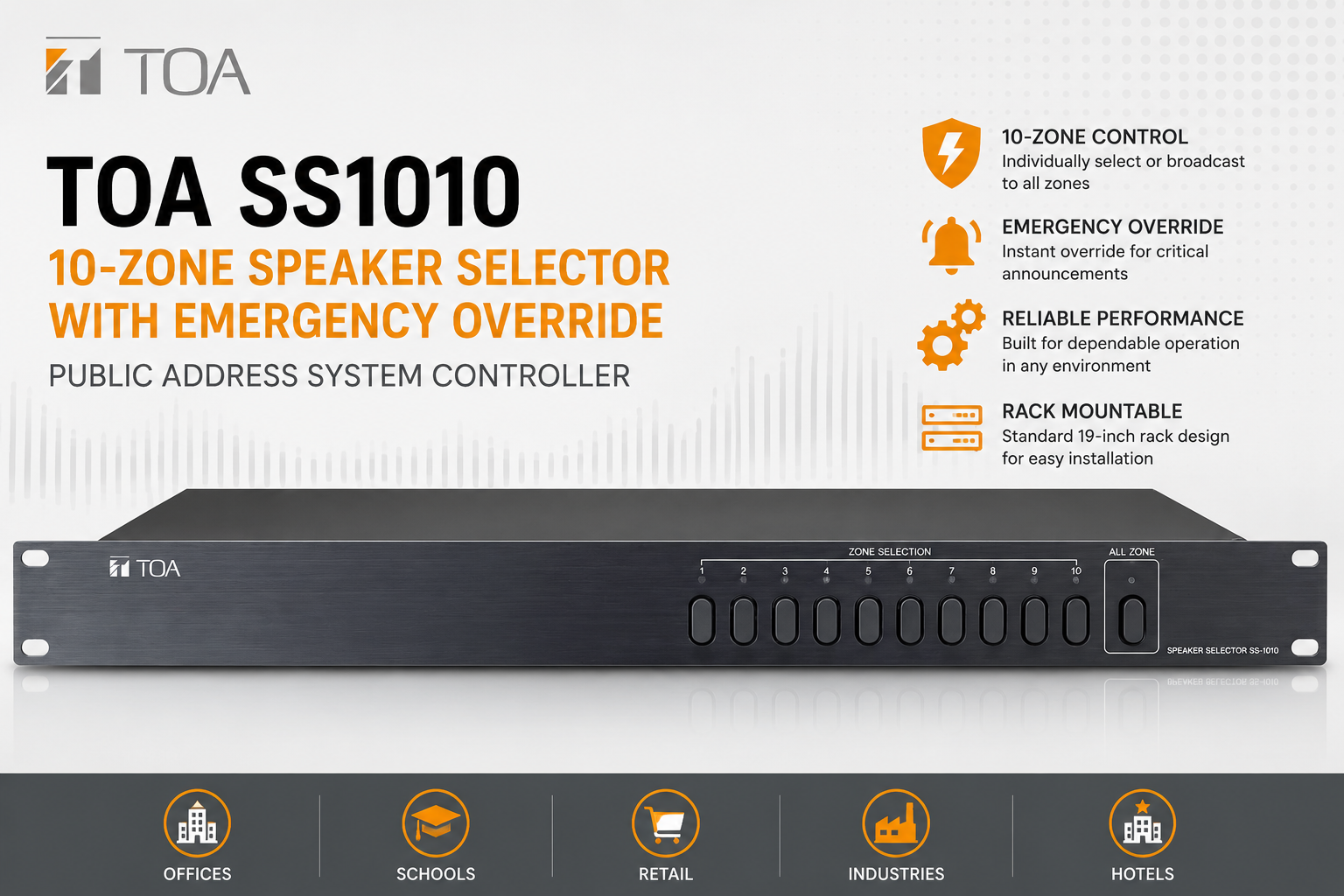 TOA SS1010 Pemilih Pembesar Suara 10 Zon dengan Override Kecemasan – Pengawal Sistem PA