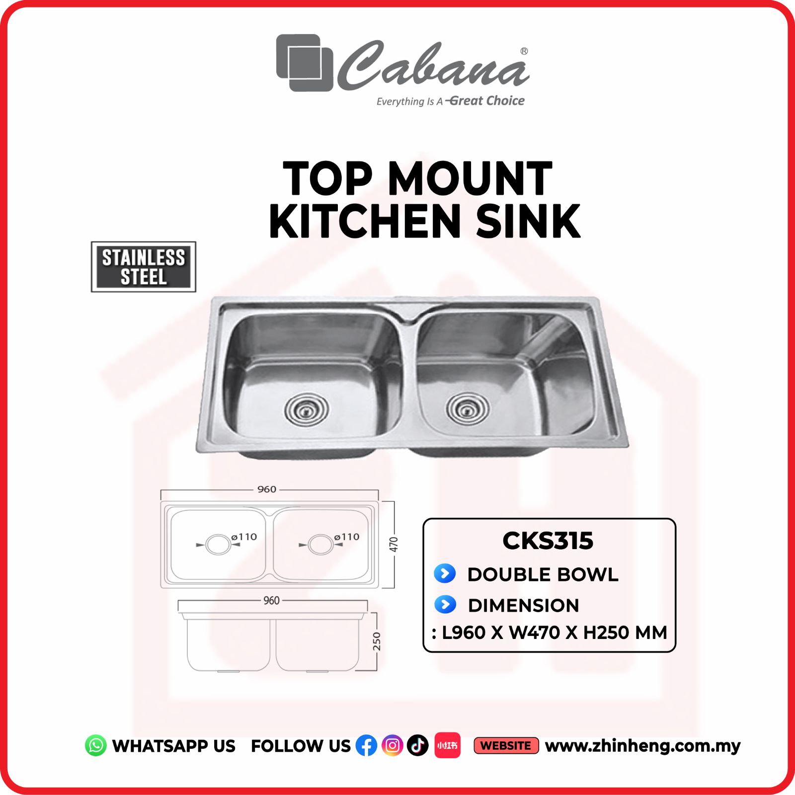 CABANA TOP MOUNT KITCHEN SINK DOUBLE BOWL CKS315