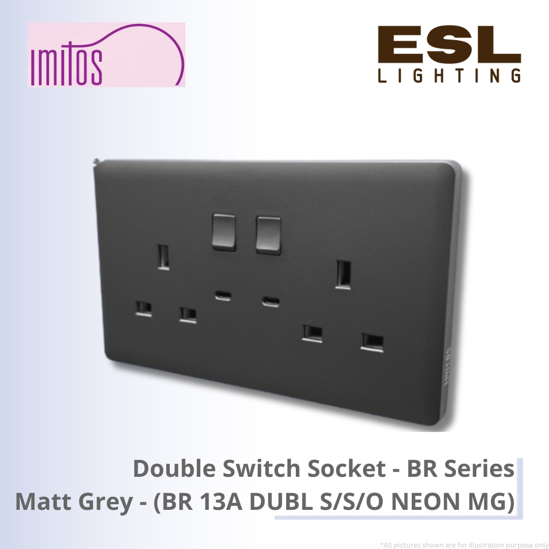 IMITOS Double Switch Socket (BR Series) Matt Grey - BR 13A DUBL S/S/O NEON MG