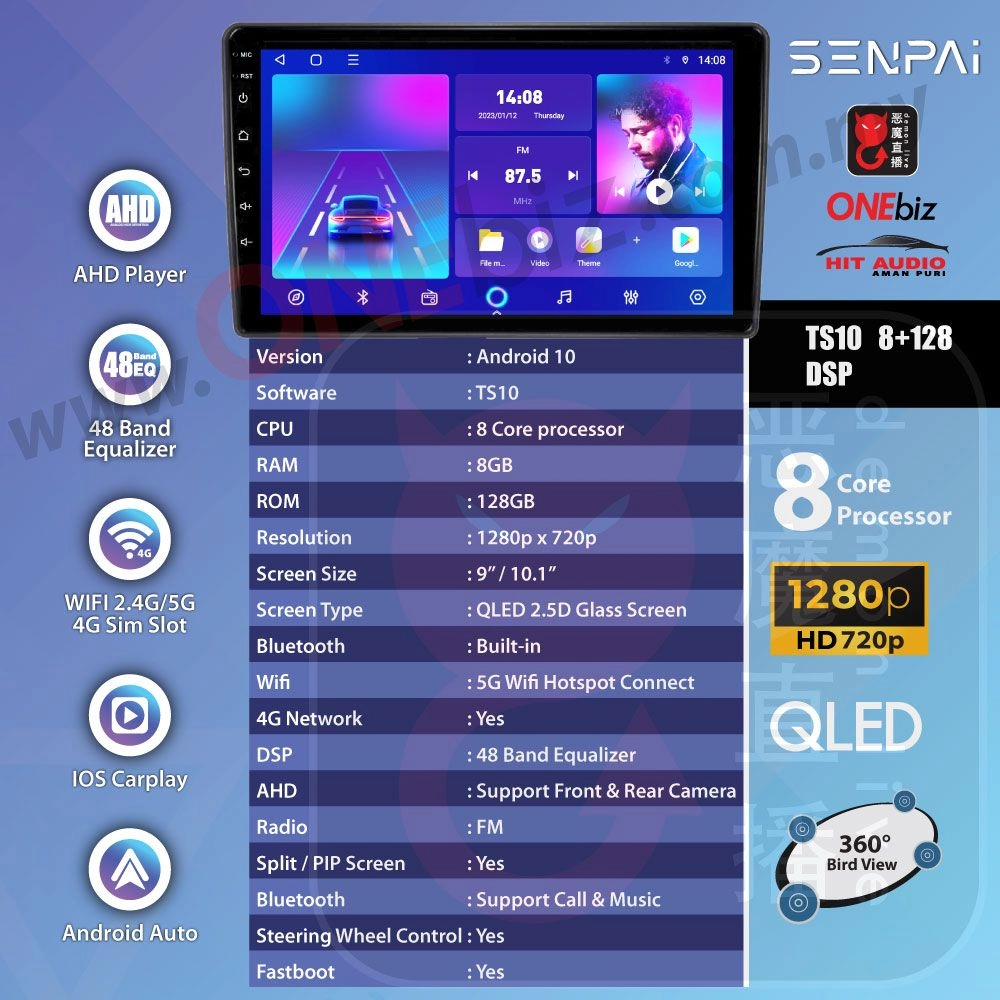 SENPAI TS10 / TS18 / T3L Android Car GPS Player 2K Screen QLED AHD 5G Wifi 4G Sim 1280x720p with 360 Birdview