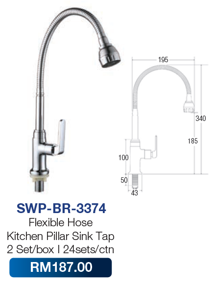 Saniware Flexible Hose Kitchen Pillar Sink Tap 3374