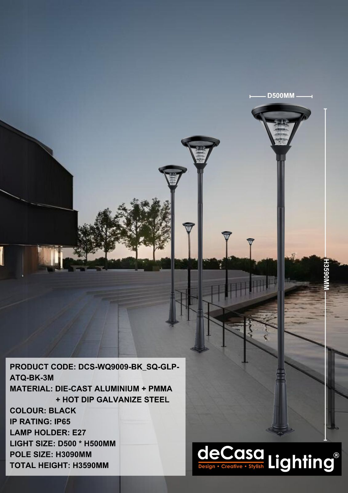 OUTDOOR GARDEN POLE LIGHT (DCS-WQ9009-BK_SQ-GLP-ATQ-BK-3M)
