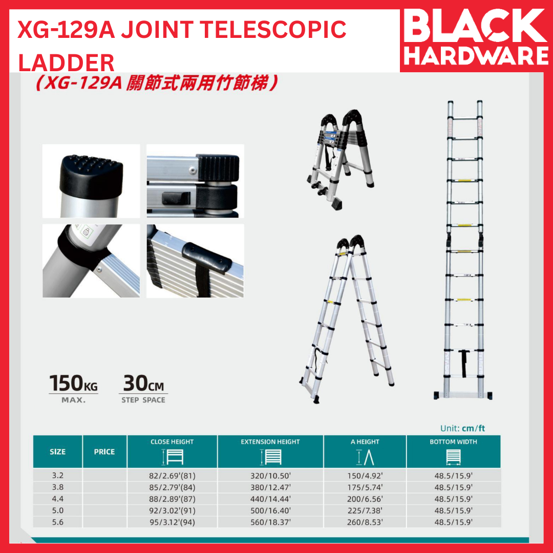 Black Hardware XG-129A Joint Telescopic Ladder | Heavy-Duty Aluminium Multi-Purpose Extensible Ladder Malaysia