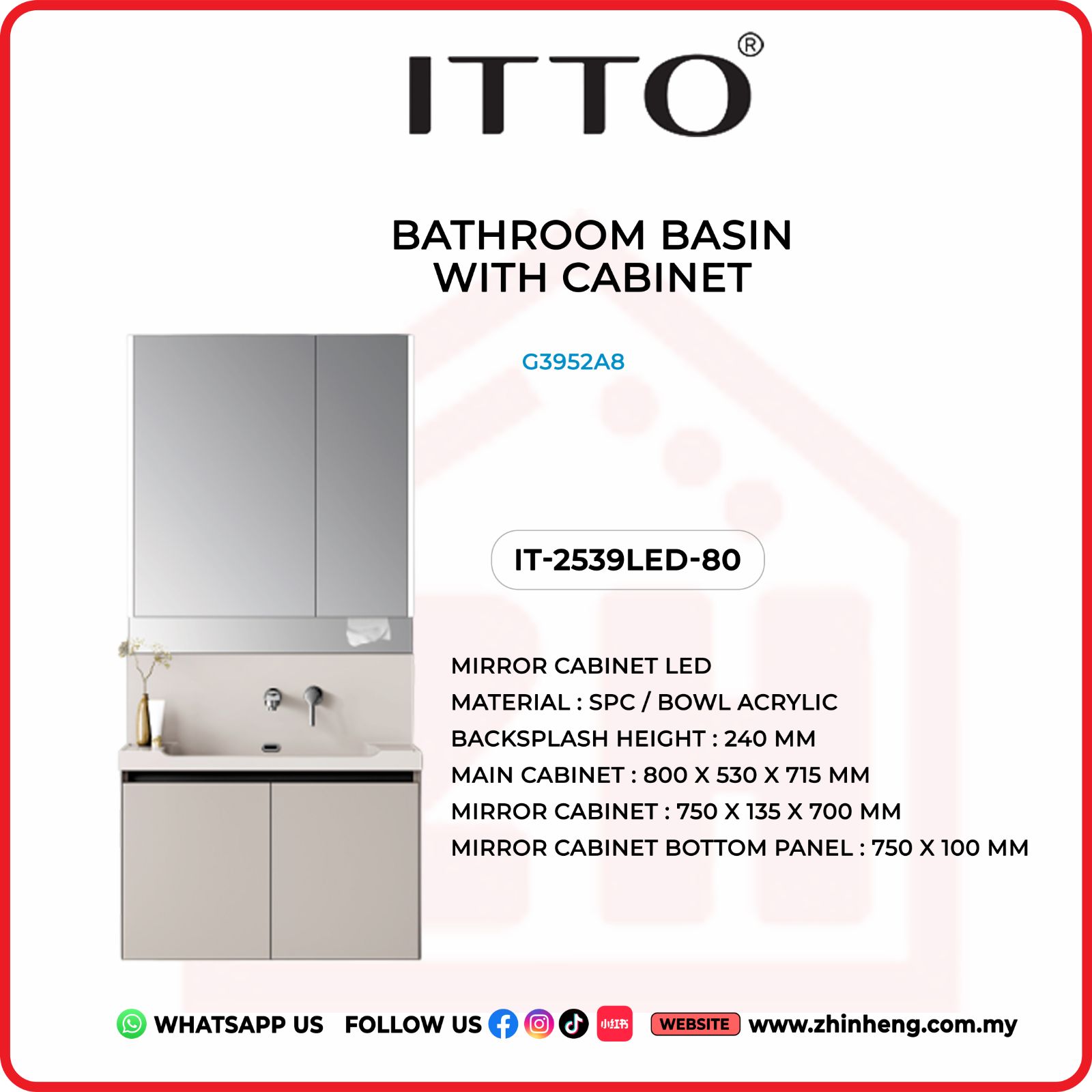 ITTO BATHROOM BASIN WITH CABINET IT-2539LED-80