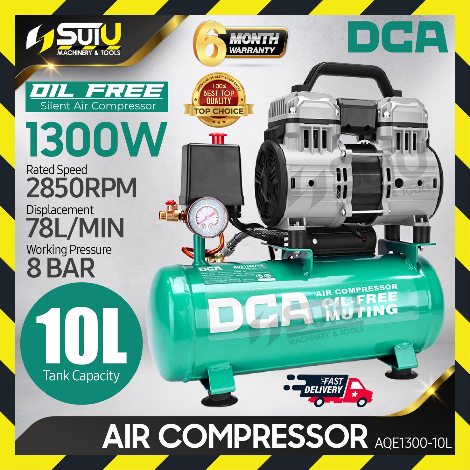 DCA AQE1300-10L / AQE130010L 10L Oil Free / Oilless Air Compressor 1300W