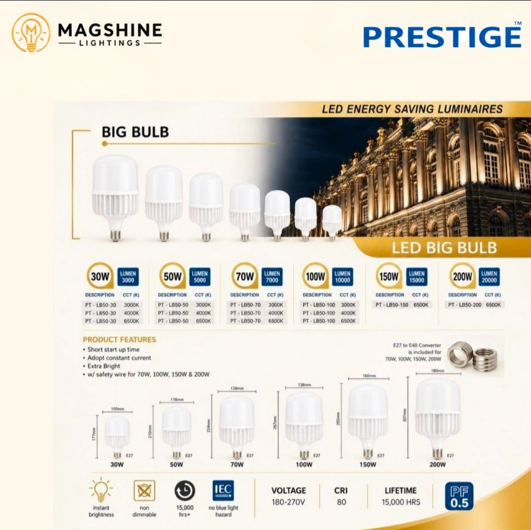 PRESTIGE LED BIG BULB SAVING ENERGY LUMINAIRES 30W/50W/70W/100W/150W/200W