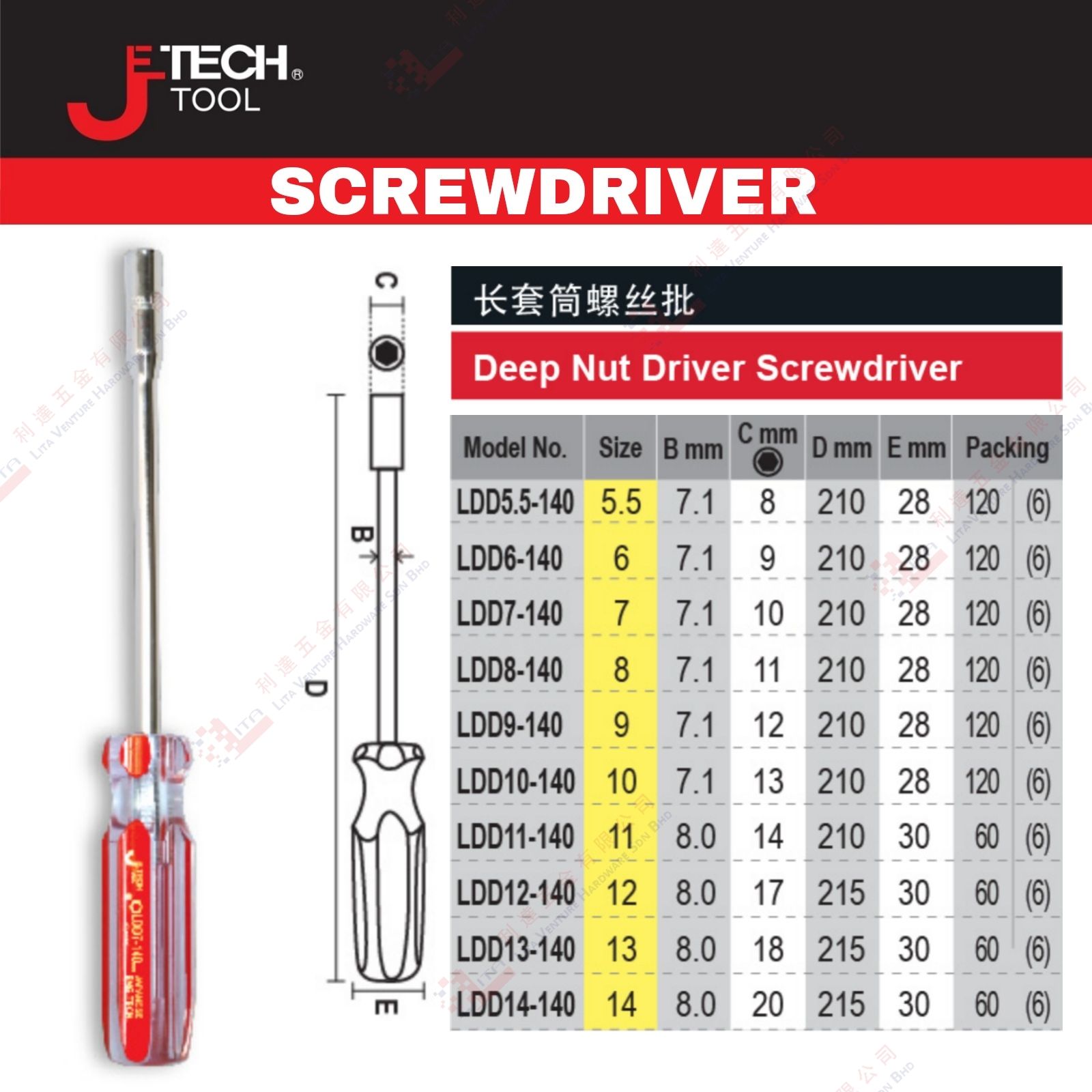 JE TECH BRAND DEEP NUT DRIVER SCREW DRIVER - LDD5140 LDD6140 LDD7140 LDD8140 LDD9140 LDD10140 LDD11140 LDD12140 LDD13140 LDD14140