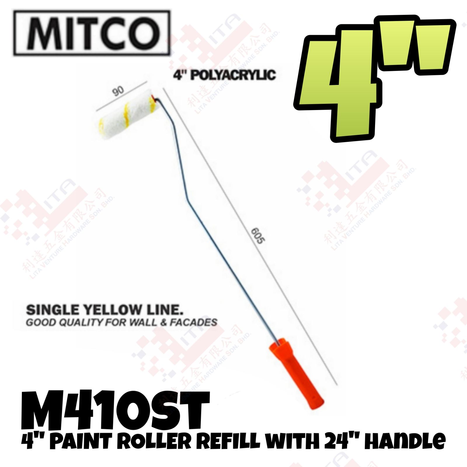 MITCO BRAND 4'' PAINT ROLLER REFILL WITH 24'' HANDLE -M410ST