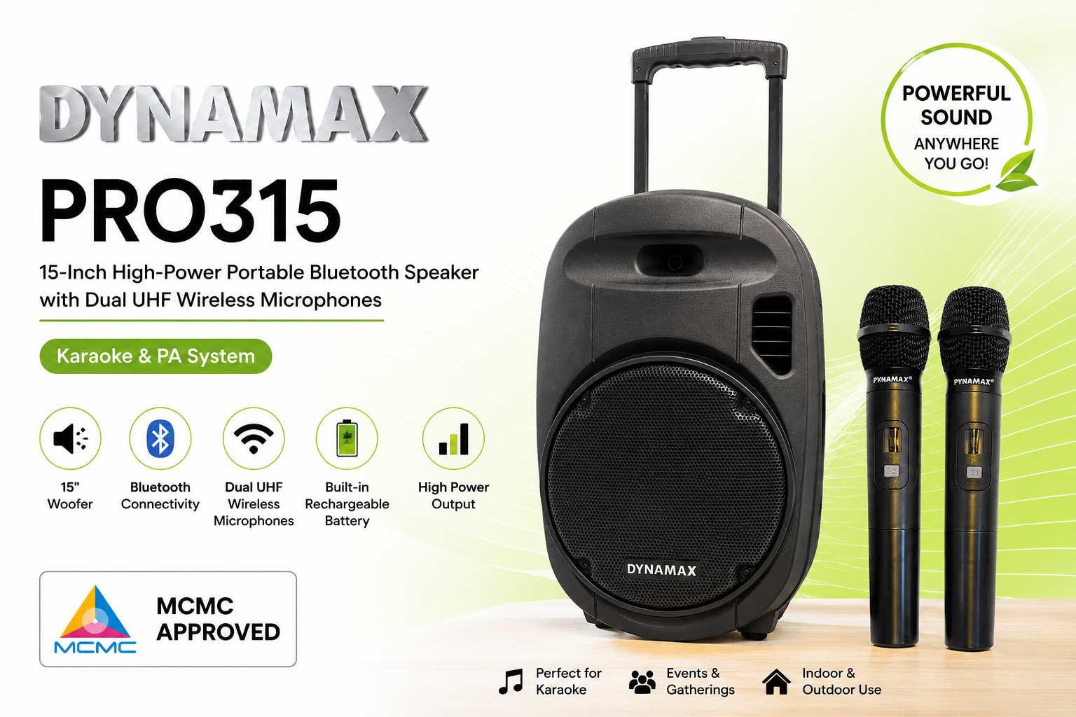 （MCMC认证）DYNAMAX PRO315 – 15英寸高功率便携式蓝牙音响系统，配双UHF无线麦克风 | 卡拉OK与扩音系统
