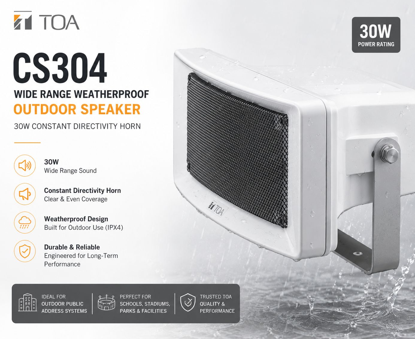 TOA CS304 Wide Range Weatherproof Outdoor Speaker – 30W Constant Directivity Horn