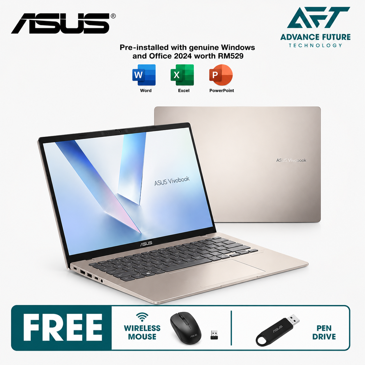 Asus VivoBook 14 A1407Q-ALY078WS 14" WUXGA Laptop Platinum Gold ( Snapdragon X1, 16GB, 1TB SSD, Qualcomm, W11, H&S 2024&M365 )