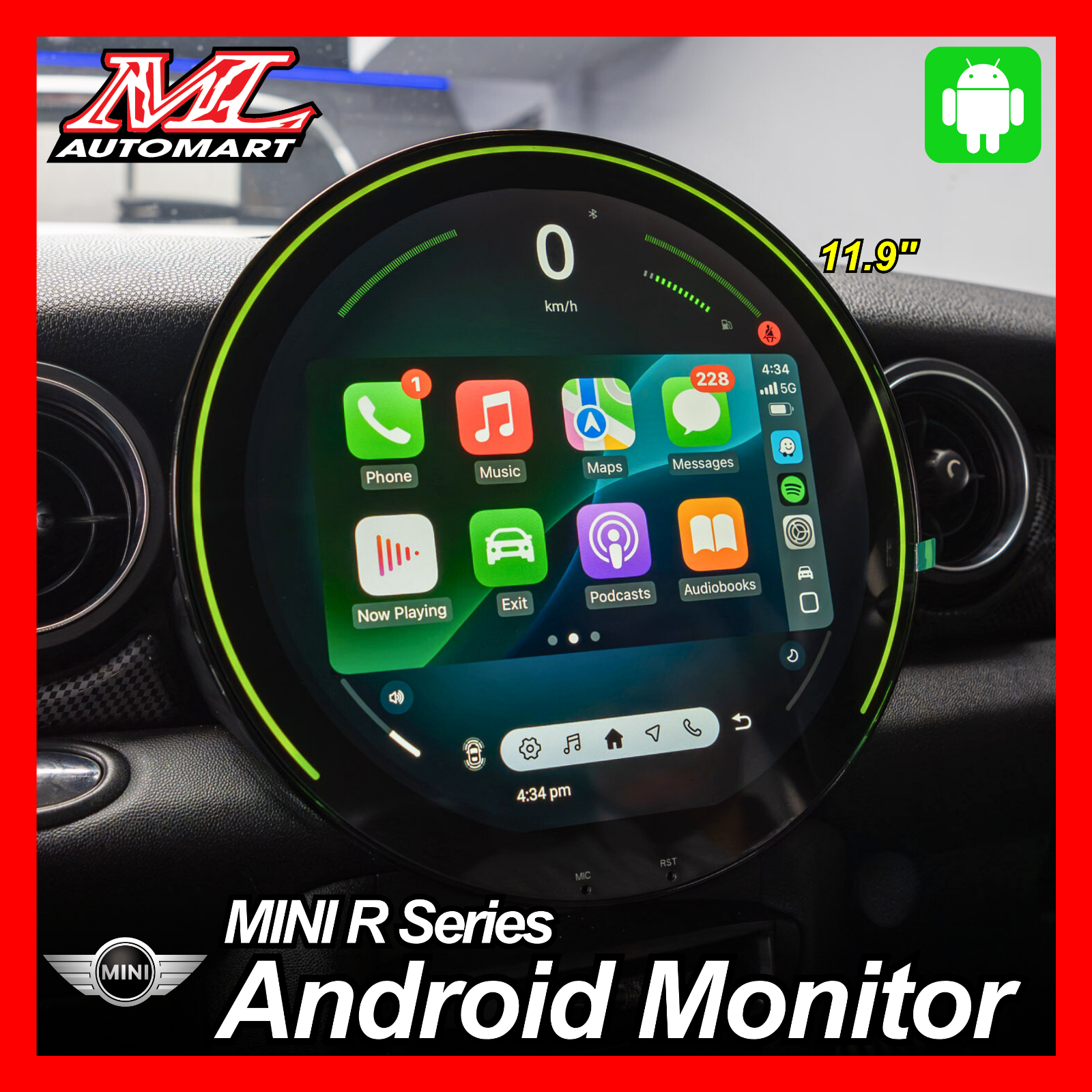 MINI Cooper R Series R50 R52 R53 R55 R56 R57 R58 R59 R60 R61 Android Monitor (11.9" Round LCD)