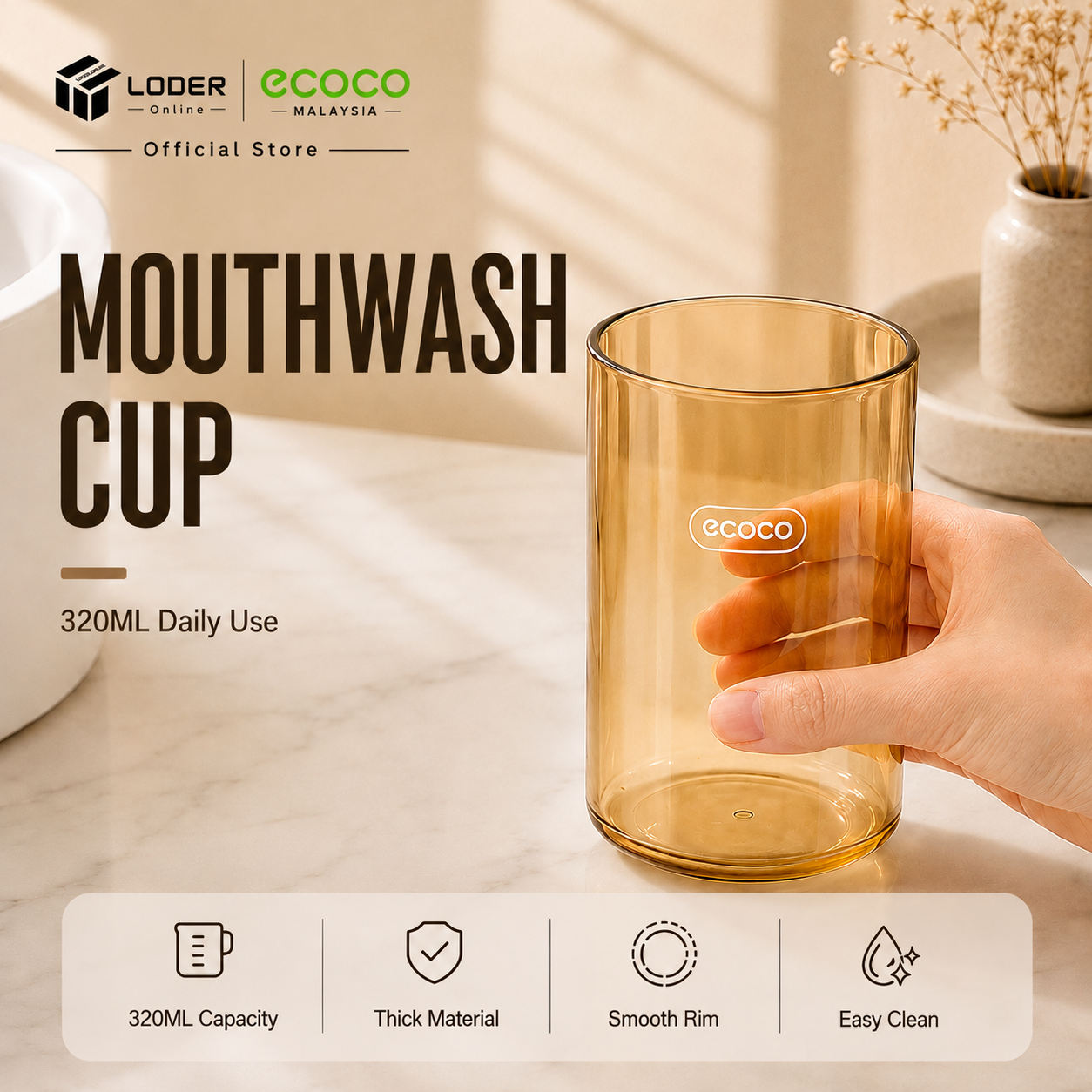 LODER ECOCO 320ml Thickened Mouthwash Cup Bathroom Gargle Cup Toothbrush Rinse Cup