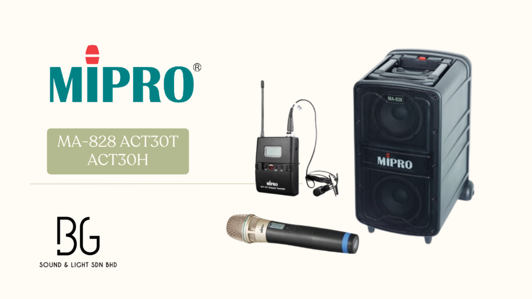 MIPRO MA-828 Portable Wireless PA System with ACT-32H Handheld & ACT-32T Clip-On Lavalier Microphones (Professional Speaker Malaysia)