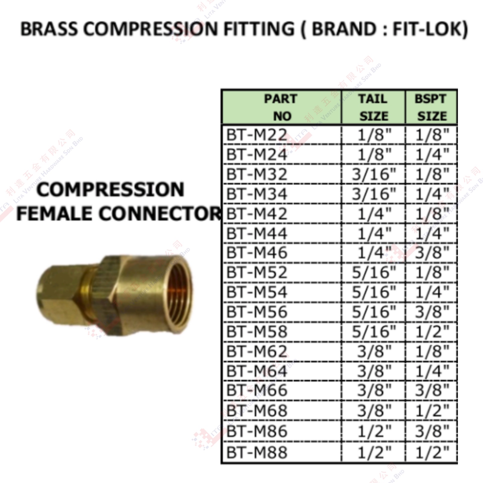 BRASS COMPRESSION FITTING FEMALE CONNECTOR - BTM22 BTM24 BTM32 BTM34 ...BTM88