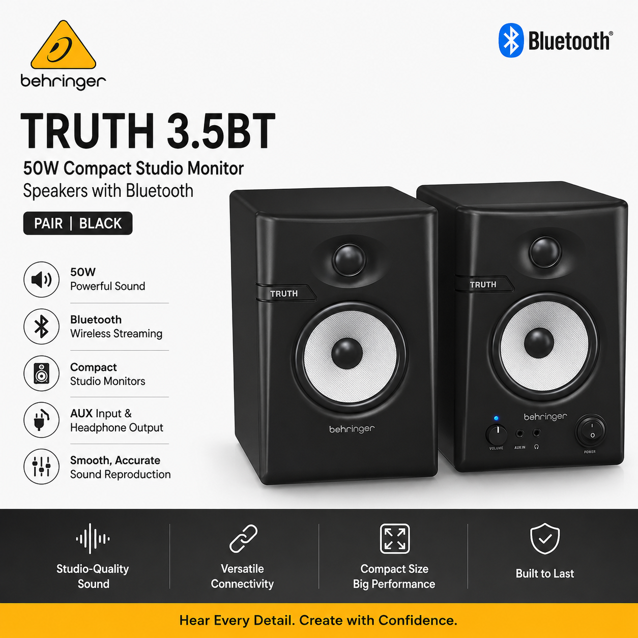Behringer Truth 3.5BT – Sepasang Pembesar Suara Monitor Studio Kompak 50W dengan Bluetooth (Hitam)