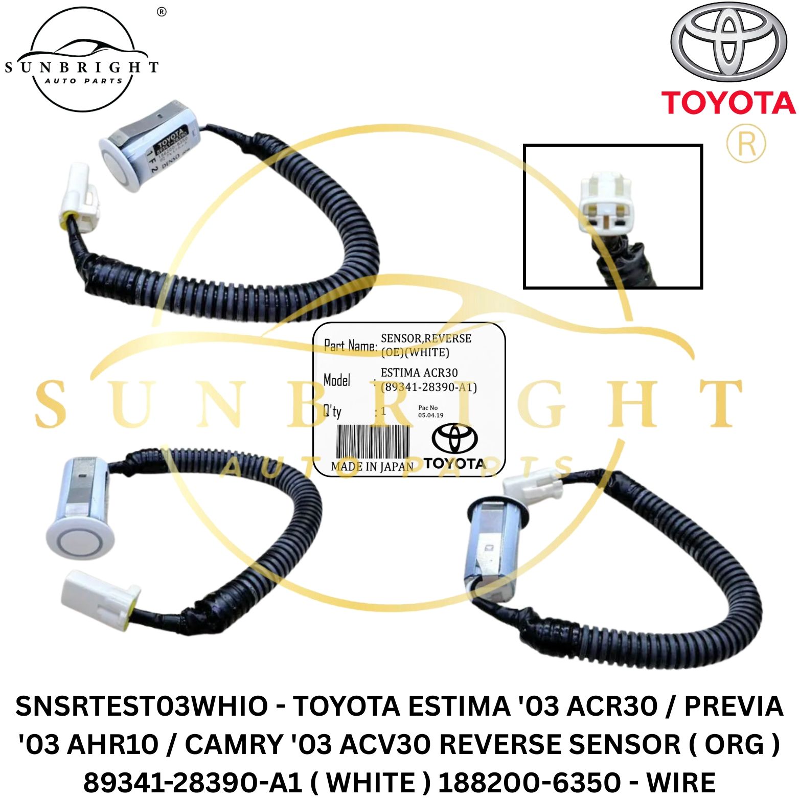 SNSRTEST03WHIO - TOYOTA ESTIMA '03 ACR30 / PREVIA '03 AHR10 / CAMRY '03 ACV30 REVERSE SENSOR ( ORG ) 89341-28390-A1 ( WHITE ) 188200-6350 - WIRE