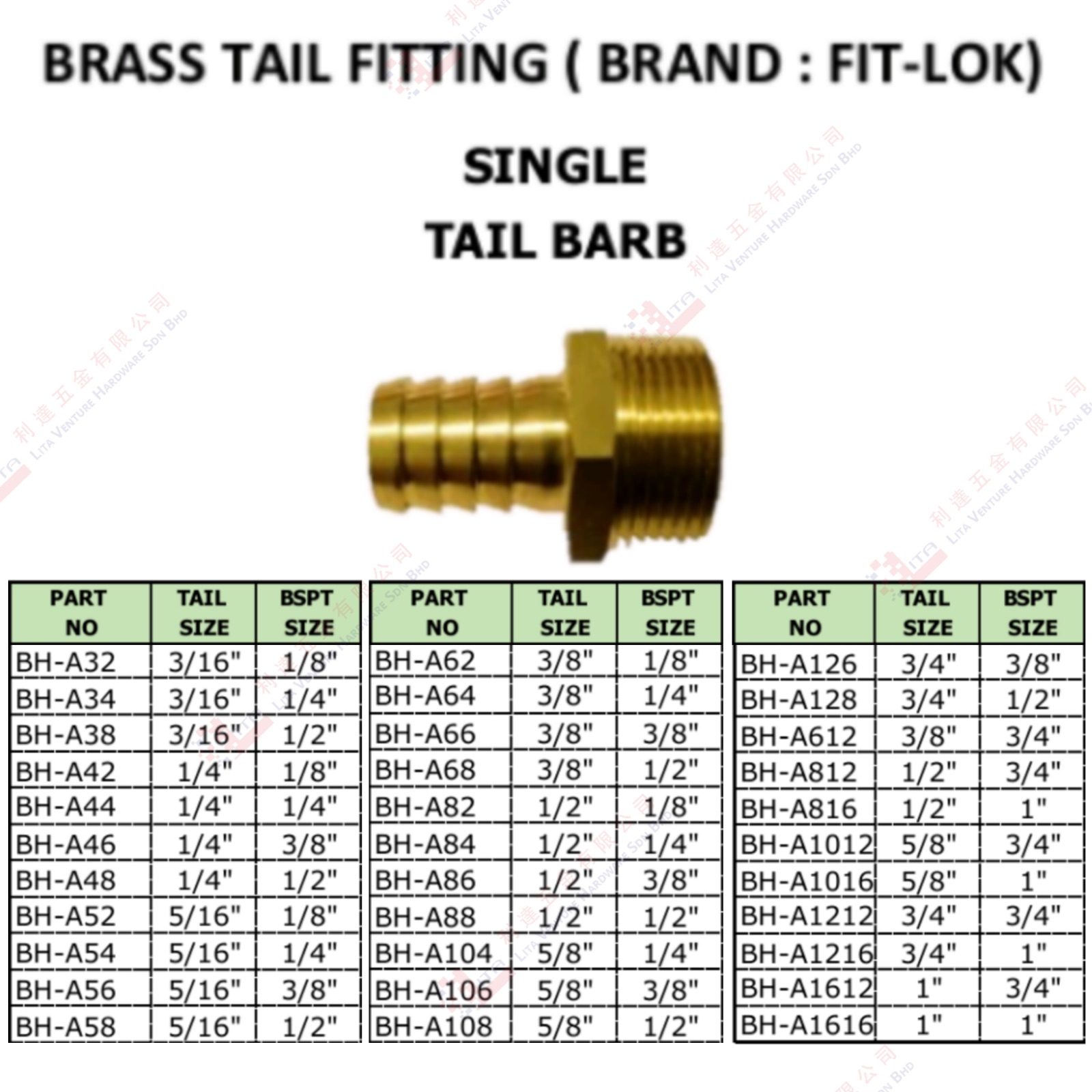 BRASS TAIL FITTING SINGLE TAIL BARB - BHA32 BHA34 ...BHA1616
