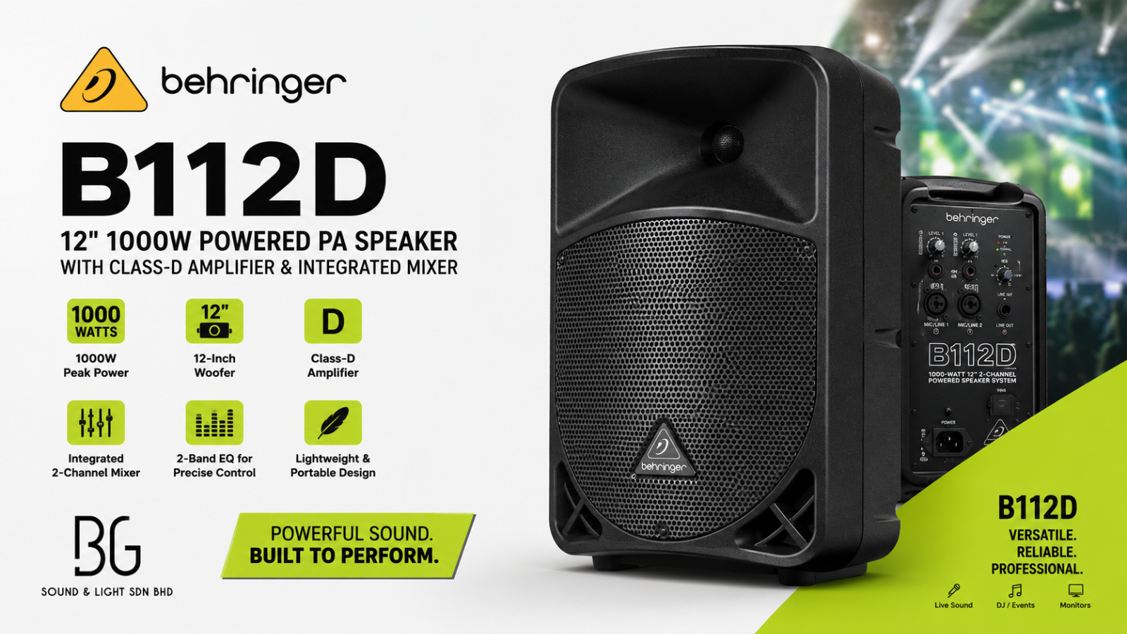 Behringer B112D – 12-Inch 1000W Powered PA Speaker with Class-D Amplifier & Integrated Mixer