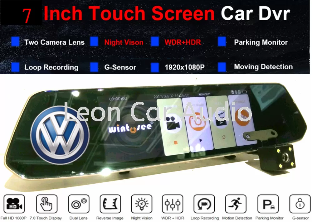 Volkswagen 7" FHD Touch Screen Rear View Mirror Dual Lens DVR Camera