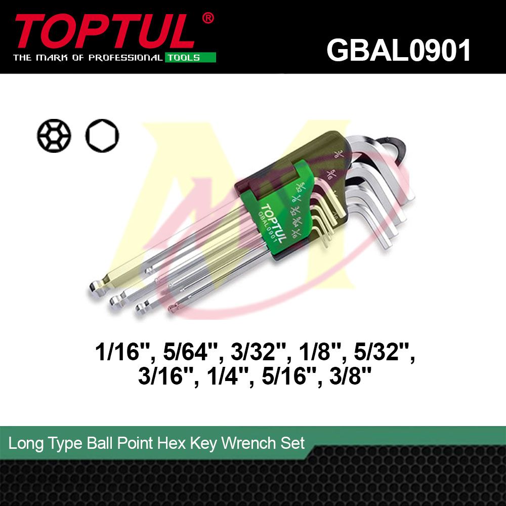 Toptul GBAL0901 Long Type Ball Point Allen Key Set 9pcs (1/16" - 3/8") [Code: 1443]