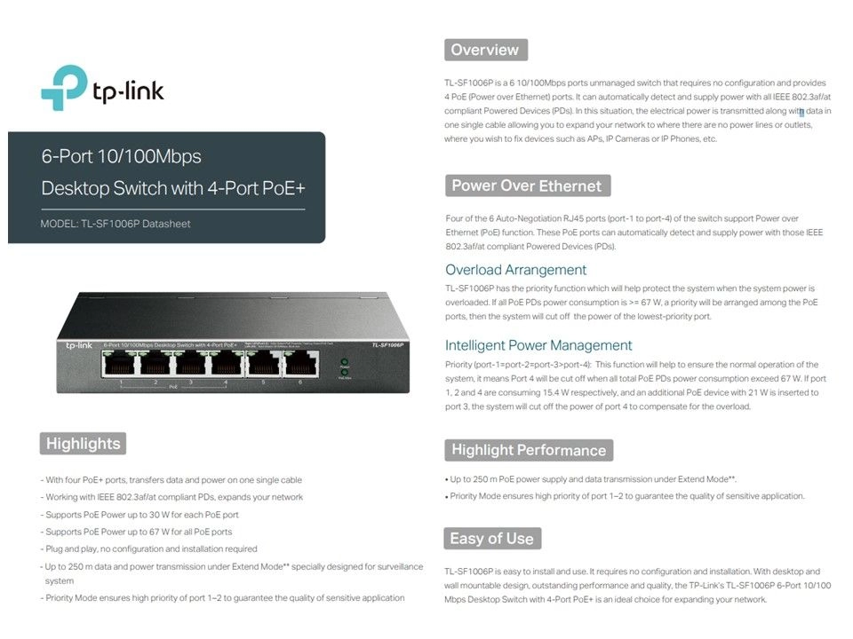 TP-LINK 6-Port / 11-Port 10/100 Mbps Desktop Switch with 4 Port PoE+ / 8 Port PoE+ (TL-SF1006P / TL-SL1311P)