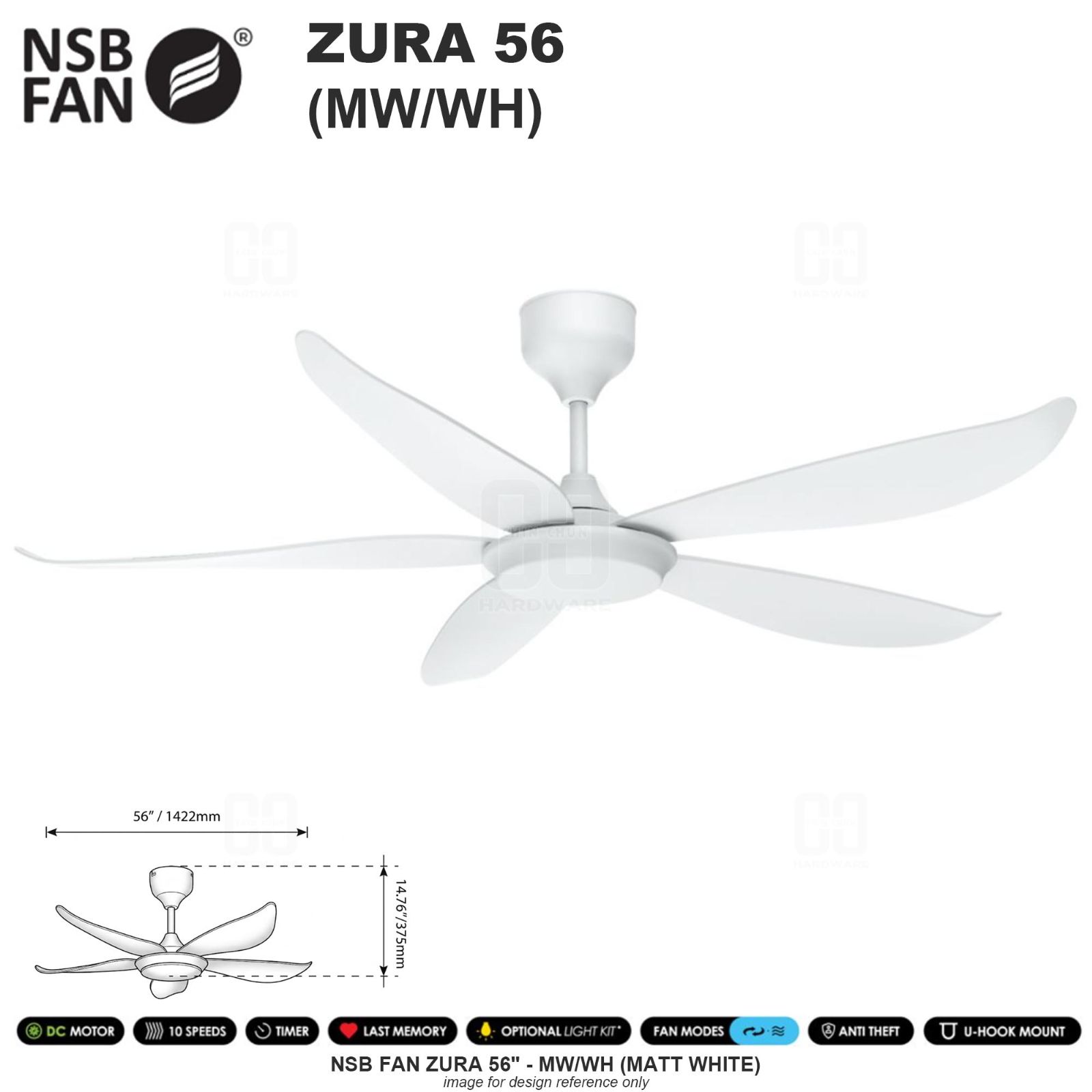 NSB FAN ZURA 56" MW/WH (MATT WHITE)