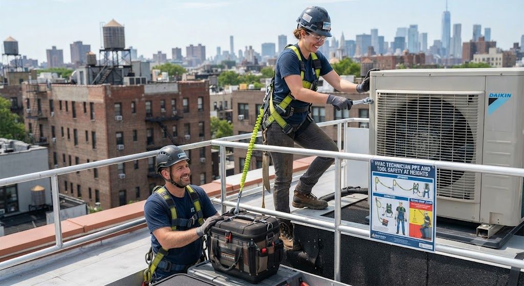 HVAC technician PPE and tool safety at height