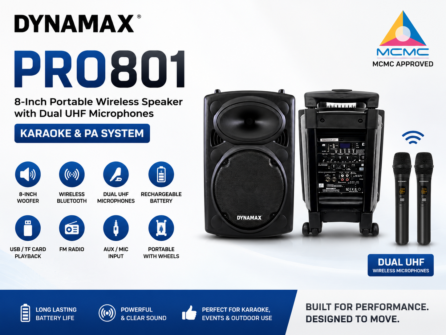 (Diluluskan MCMC) DYNAMAX PRO801 – Pembesar Suara Mudah Alih 8 Inci dengan Mikrofon UHF Berkembar | Sistem Karaoke & PA