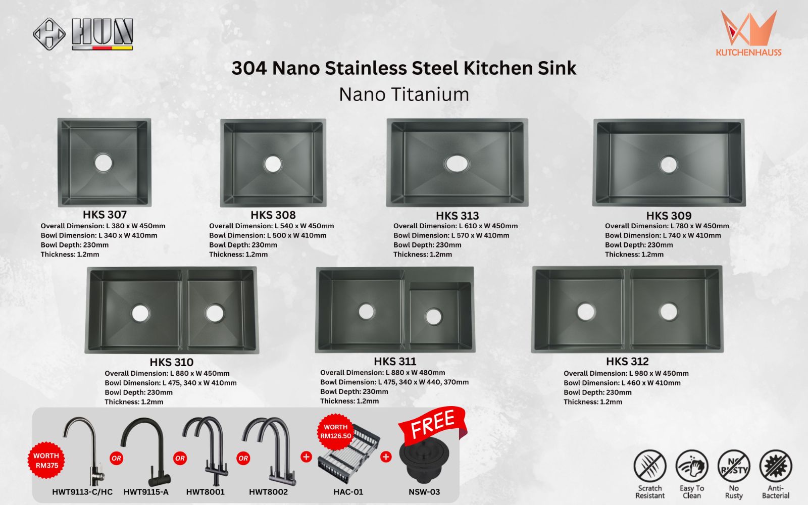 HUN - 304 Nano Stainless Steel Kitchen Sink Package (Nano Titanium) | HKS 307, HKS 308, HKS 313, HKS 309, HKS 310, HKS 311, HKS 312