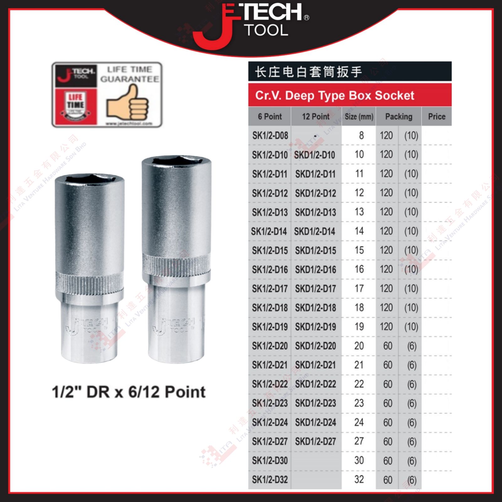 JTECH BRAND DEEP TYPE BOX SOCKET - FK12D08 FK12D10 FK12D11 ....FK12D32 SKD12D10 SKD12D11 SKD12D12 ...SKD12D27