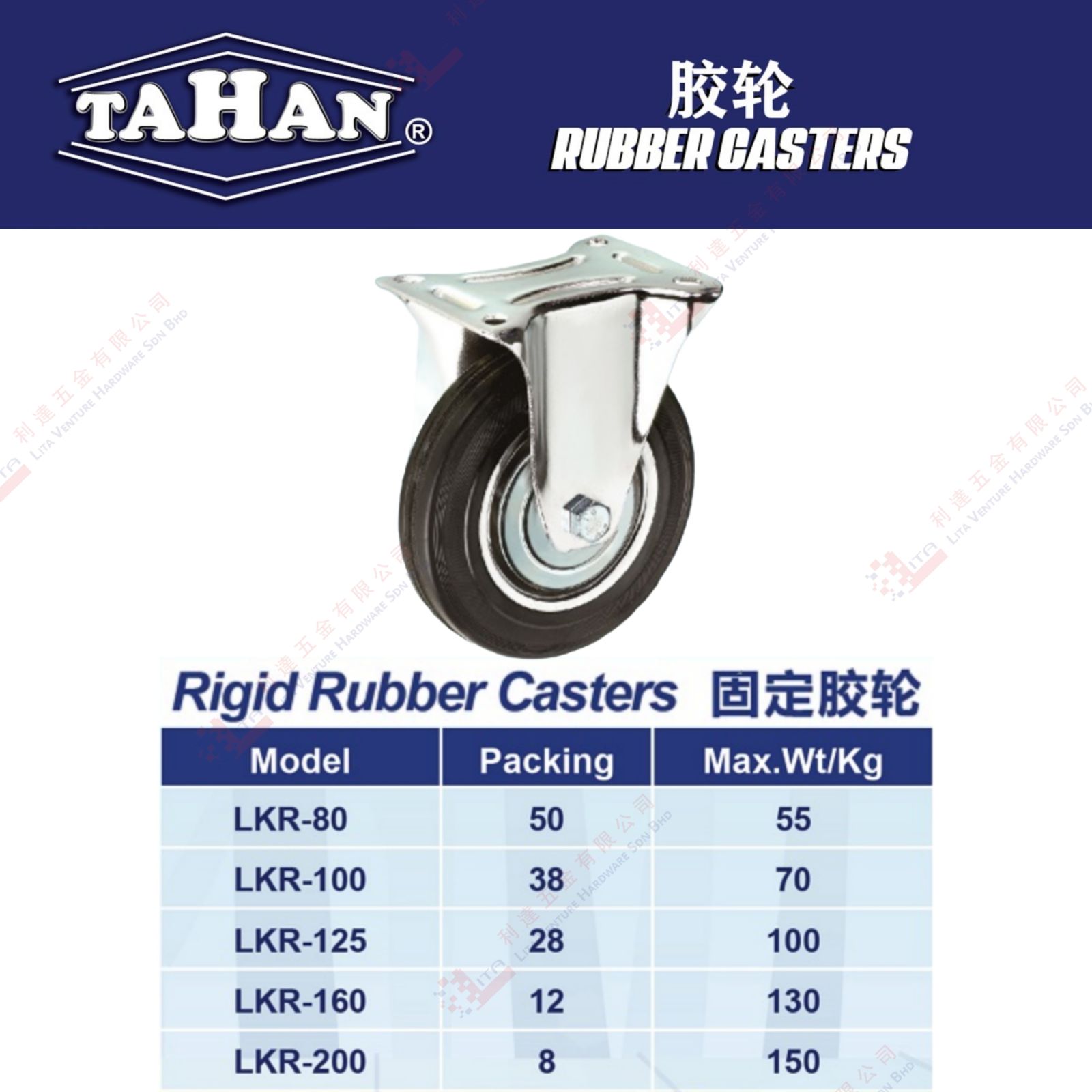 TAHAN BRAND RIGID RUBBER CASTERS - LKR80 LKR100 LKR125 LKR160 LKR200