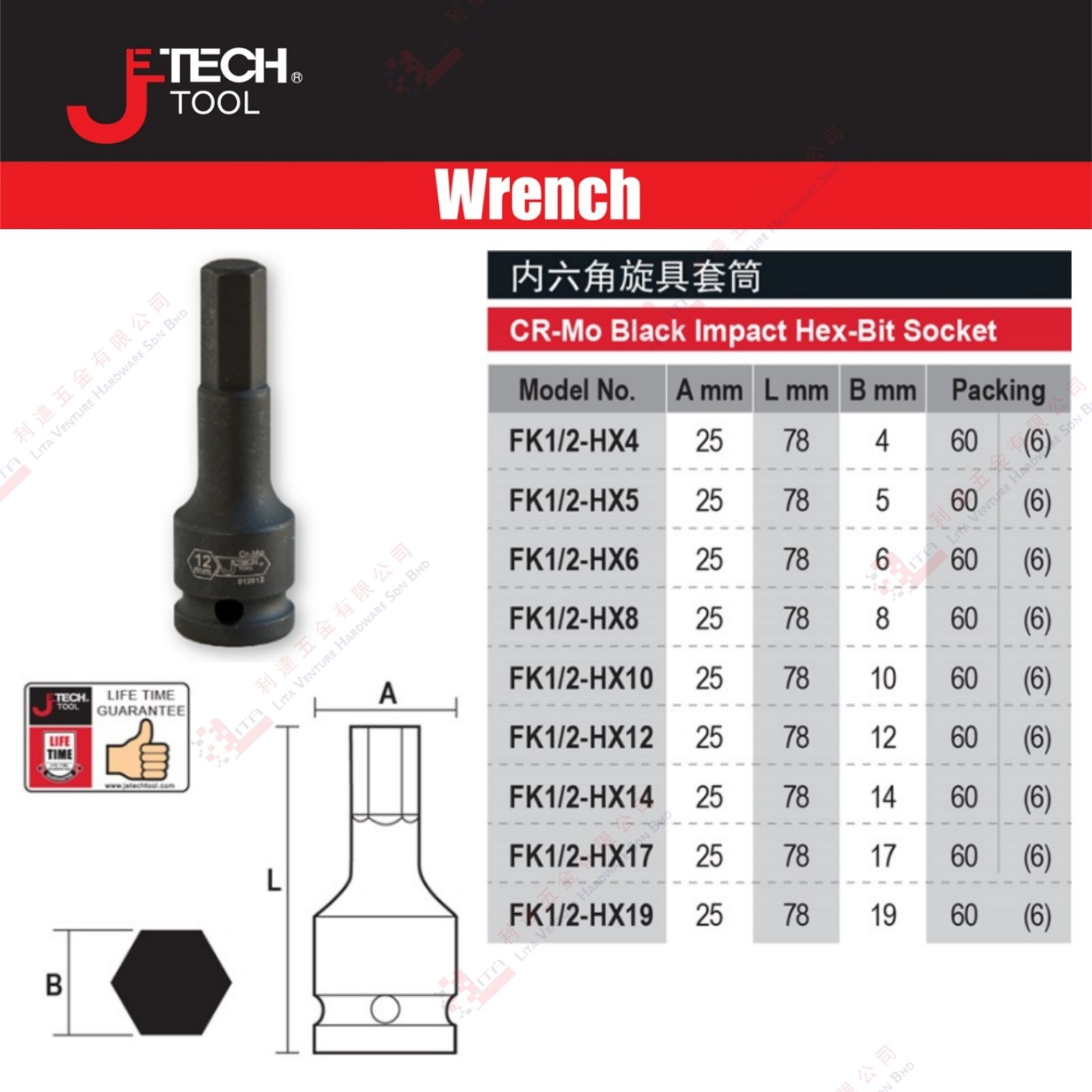 JE TECH BRAND CR MO BLACK IMPACT HEX BIT SOCKET - FK12HX4 FK12HX5 FK12HX6 FK12HX8 FK12HX10 FK12HX12 FK12HX14 FK12HX17 FK12HX19