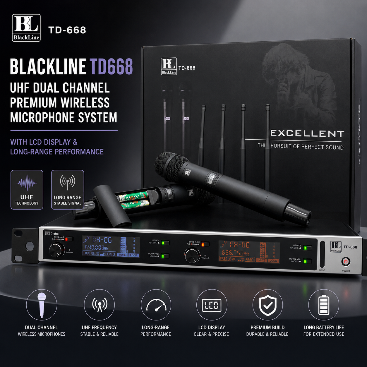 Blackline TD668 – UHF双通道高端无线麦克风系统，配LCD显示屏与远程接收性能