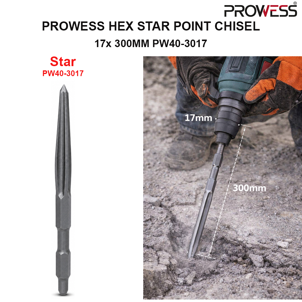 PROWESS HEX STAR POINT CHISEL 17 × 300MM  | SELF-SHARPENING HEX STAR POINT CHISEL | PROFESSIONAL DEMOLITION HAMMER CHISEL (PW40-3017)