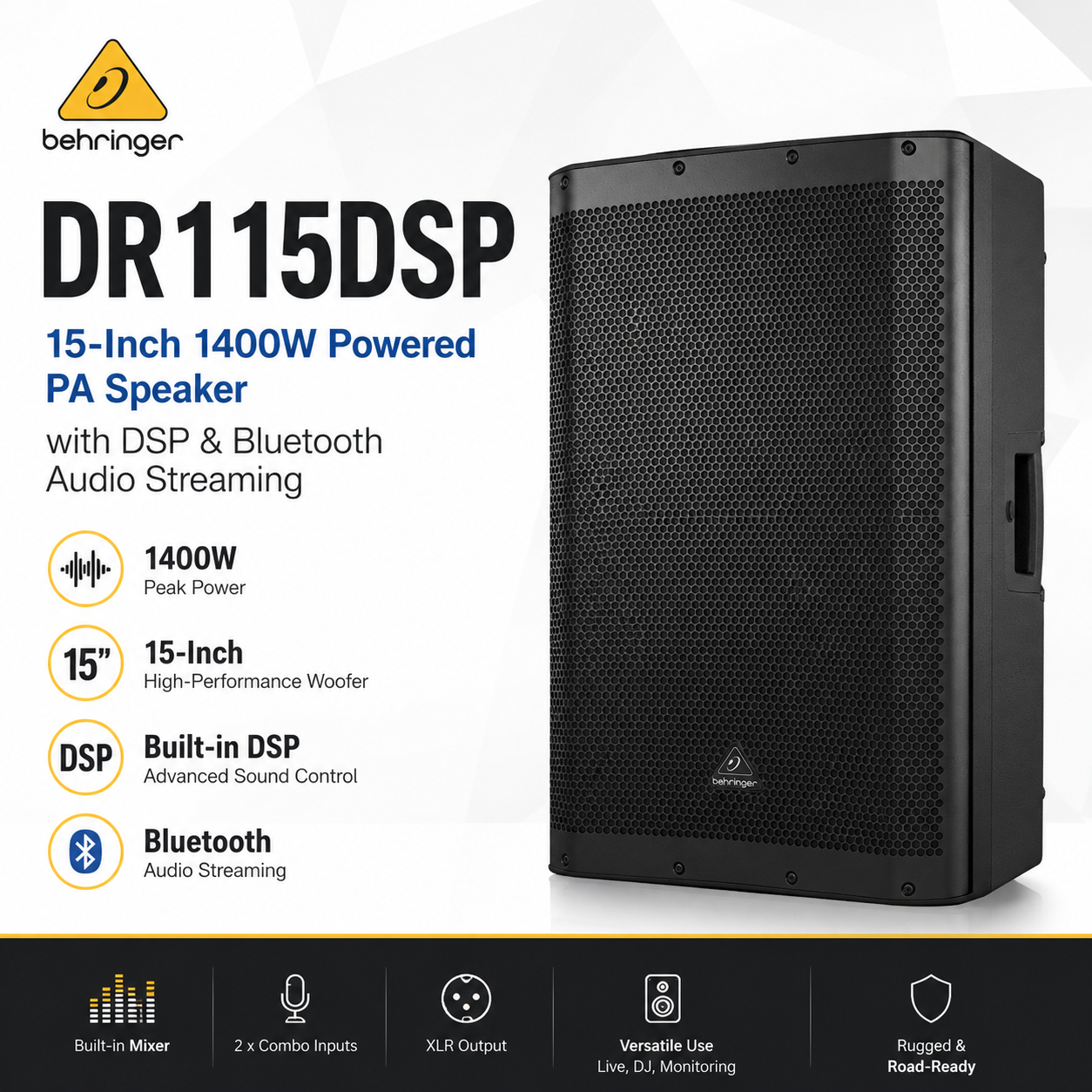 Behringer DR115DSP – 15-Inch 1400W Powered PA Speaker with DSP & Bluetooth Audio Streaming