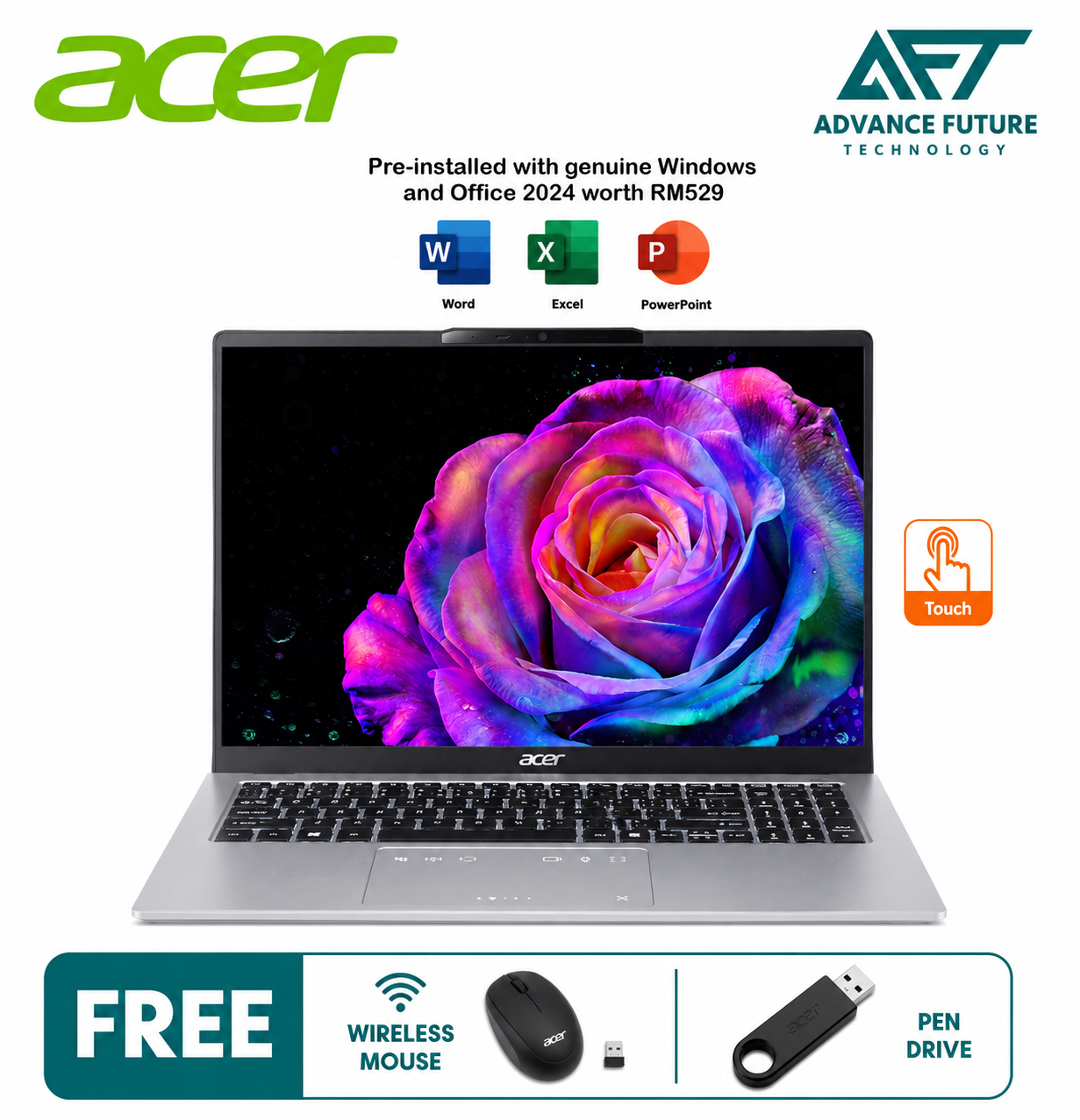 Acer Swift Go 14 SFG14-74T-54J6 14" WUXGA Touch Laptop Silver ( Intel Core Ultra 5 225H, 16GB, 512GB SSD, Intel, W11, H&S 2024&M365 )
