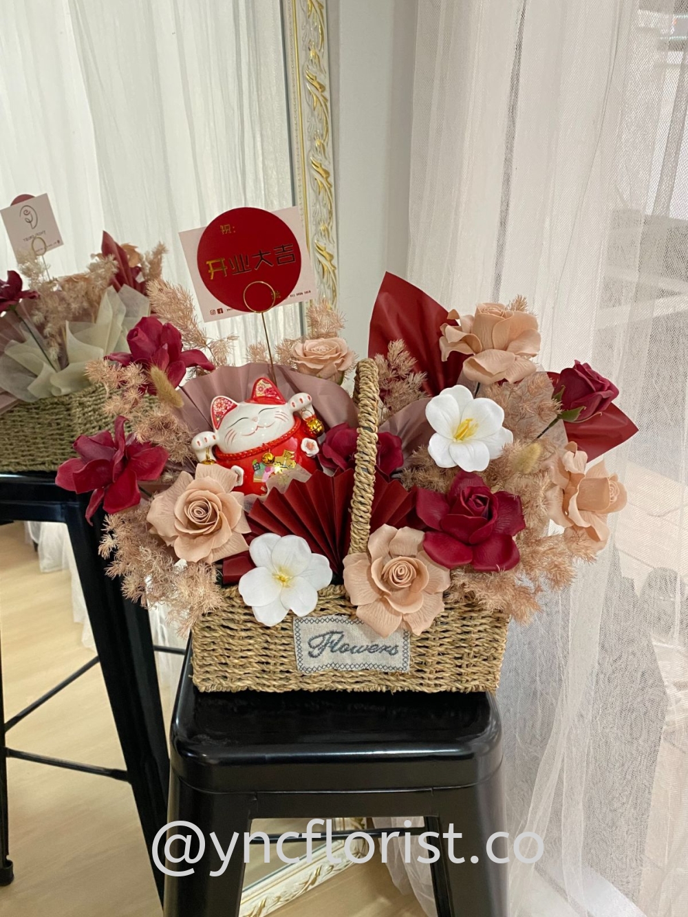 Red Theme Grand Opening Basket with Big Fortune Cat