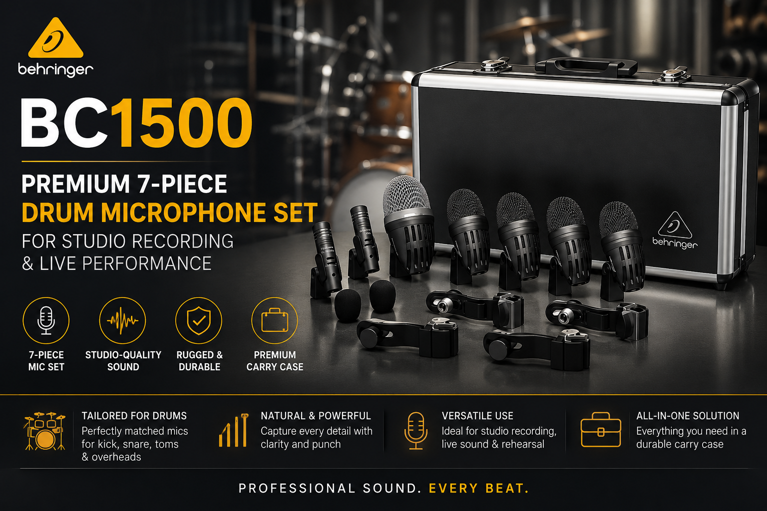 Behringer BC1500 – 高端7件套鼓麦克风套装，适用于录音室与现场演出