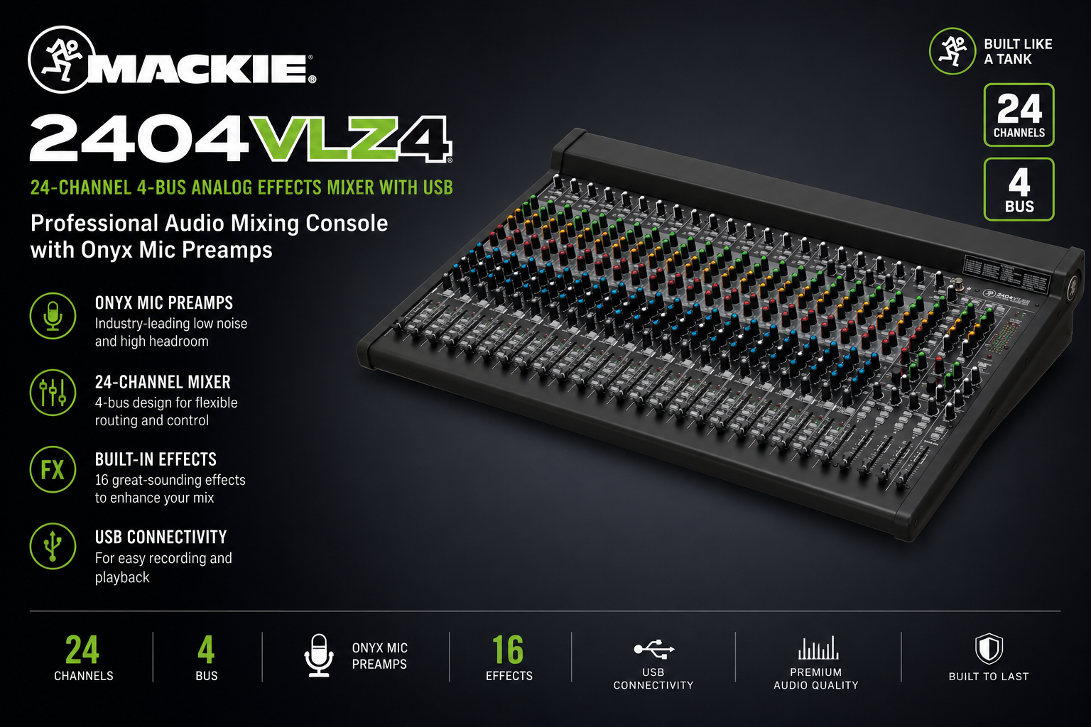 Mackie 2404VLZ4 24路4总线模拟效果调音台 (带USB) | 专业Onyx麦克前置放大器音频混音控制台
