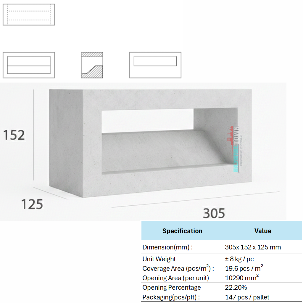 VENTILATION BLOCK  VB-501.125 (LWH 305 x125 x152)mm