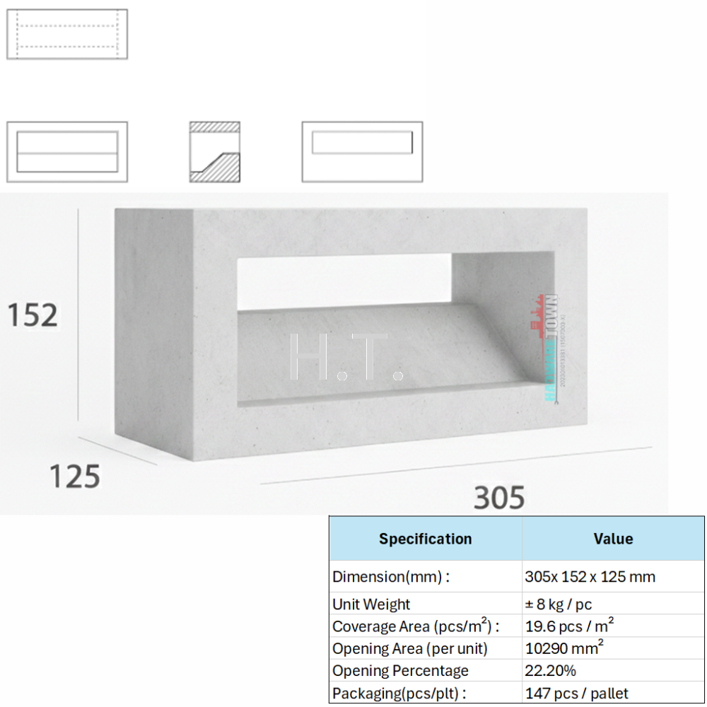 VENTILATION BLOCK VB-501.125 (LWH 305 x125 x152)mm